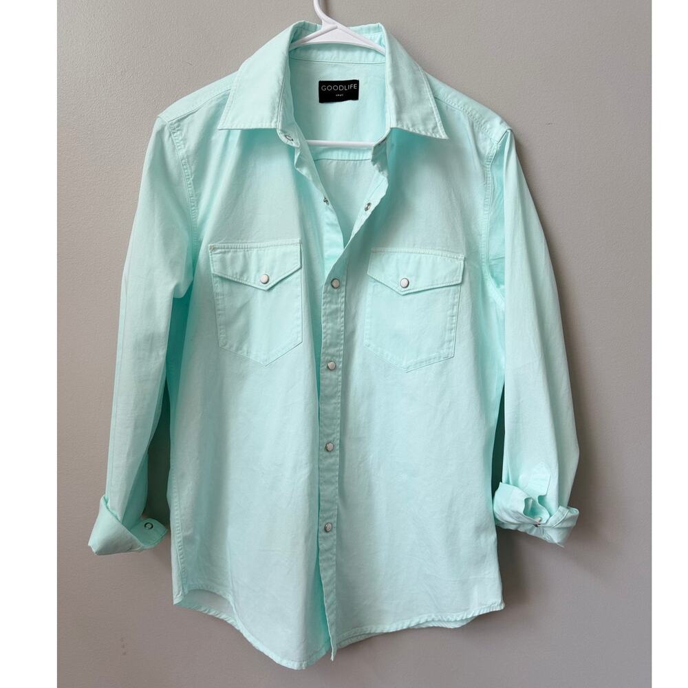 Goodlife Men's 4Corner Denim Western Pearl Snap Shirt Small Mint Green Cotton